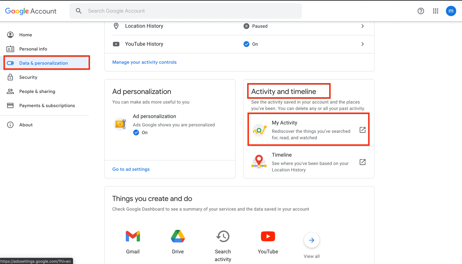 manage recent google search activity